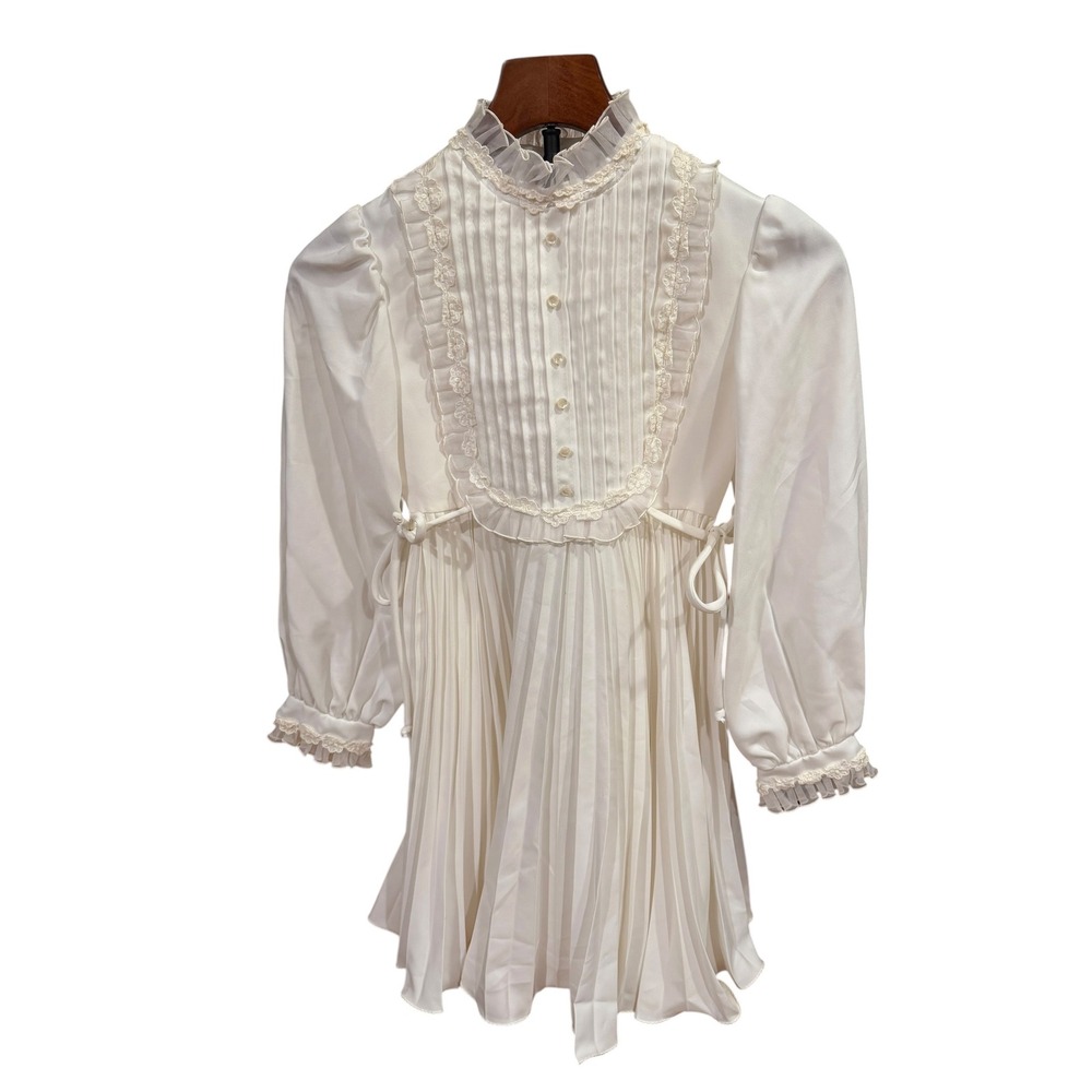 Dainty Vtg 70s‎ Dorissa of Miami Girls Ivory Pleated Lace Victorian Dress Boho 8
